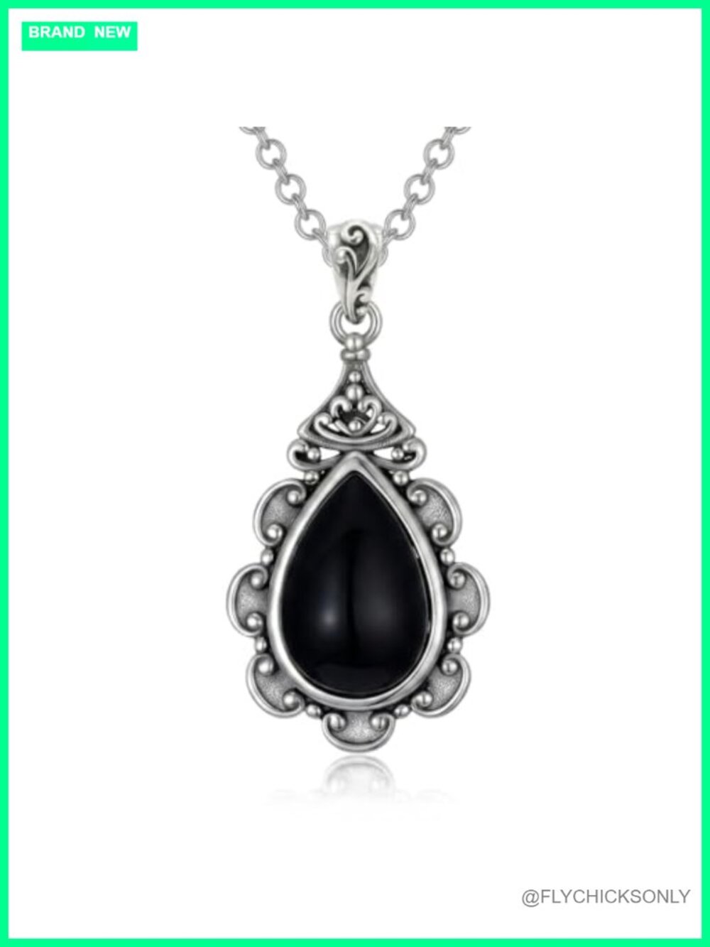 925 Sterling Silver Black Onyx Teardrop Pendant Necklace Filigree